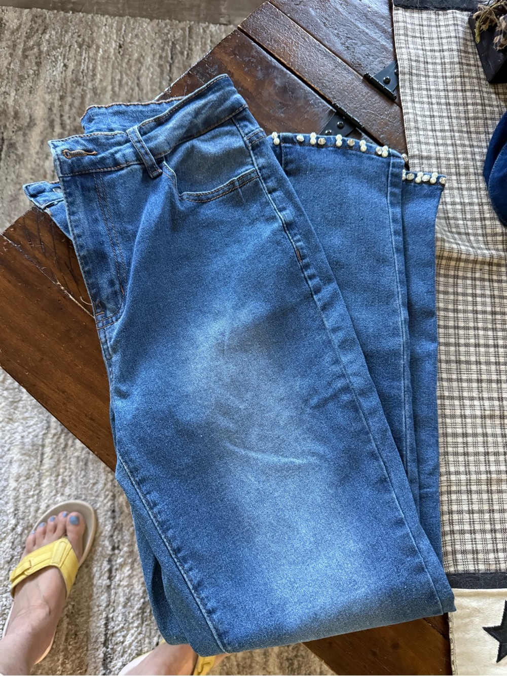 Blue Women's Denim Jeans with Bead-Hem Detail